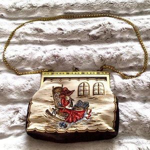 Antique Purse w/Lady in Red Knitting in Rocking Chair.